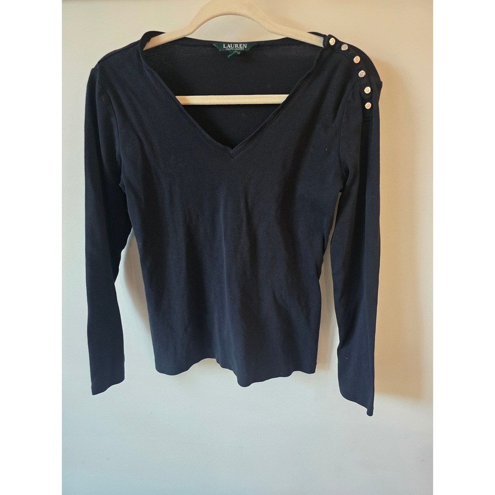 Lauren Ralph Lauren Black V-Neck Long Sleeve Shoulder Button Top M